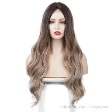 Long wavy ombre blonde premium 13x3 curly heat resistant high quality wholesale synthetic wig lace front black women